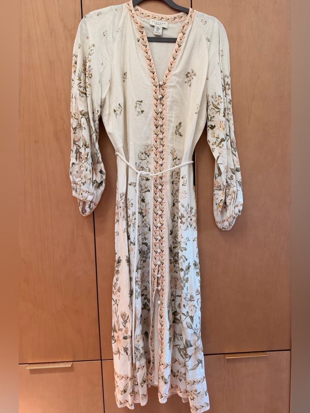 Calypso St. Barth Cream Floral Maxi Dress with Peach Trim